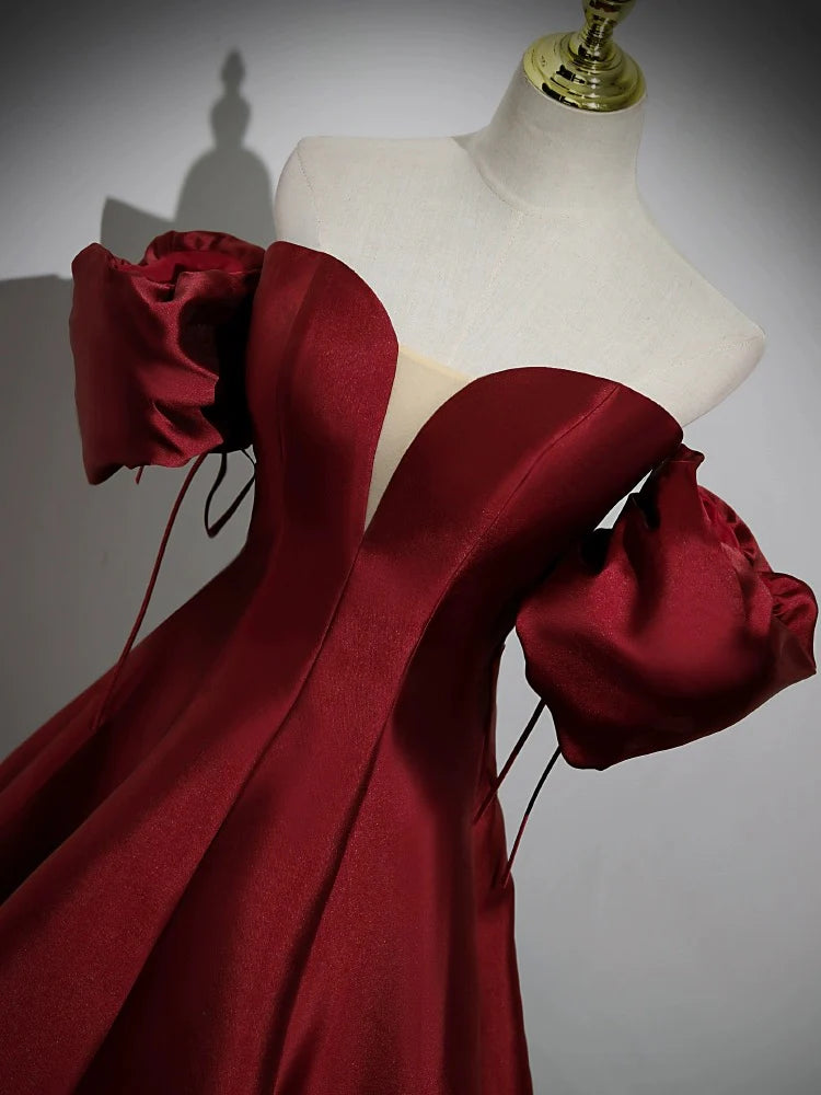 Wholesale A-Line Puff Sleeves Satin Burgundy Long Prom Dress Burgundy Long Formal Dress gowns evening dresses